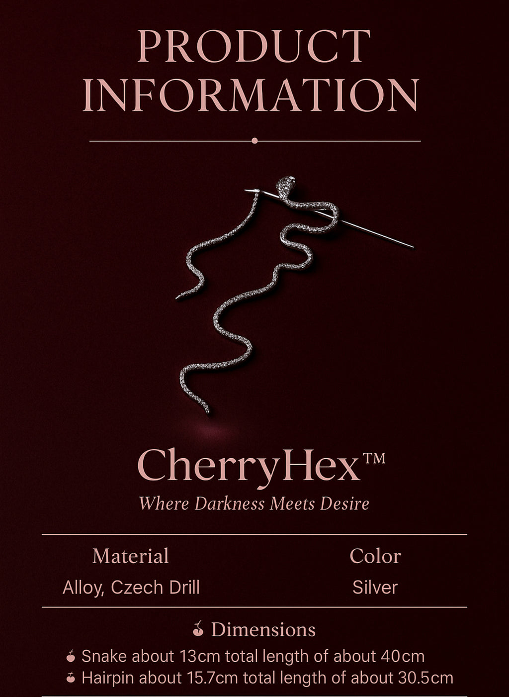 Product information card for CherryHex jewelry on a dark background