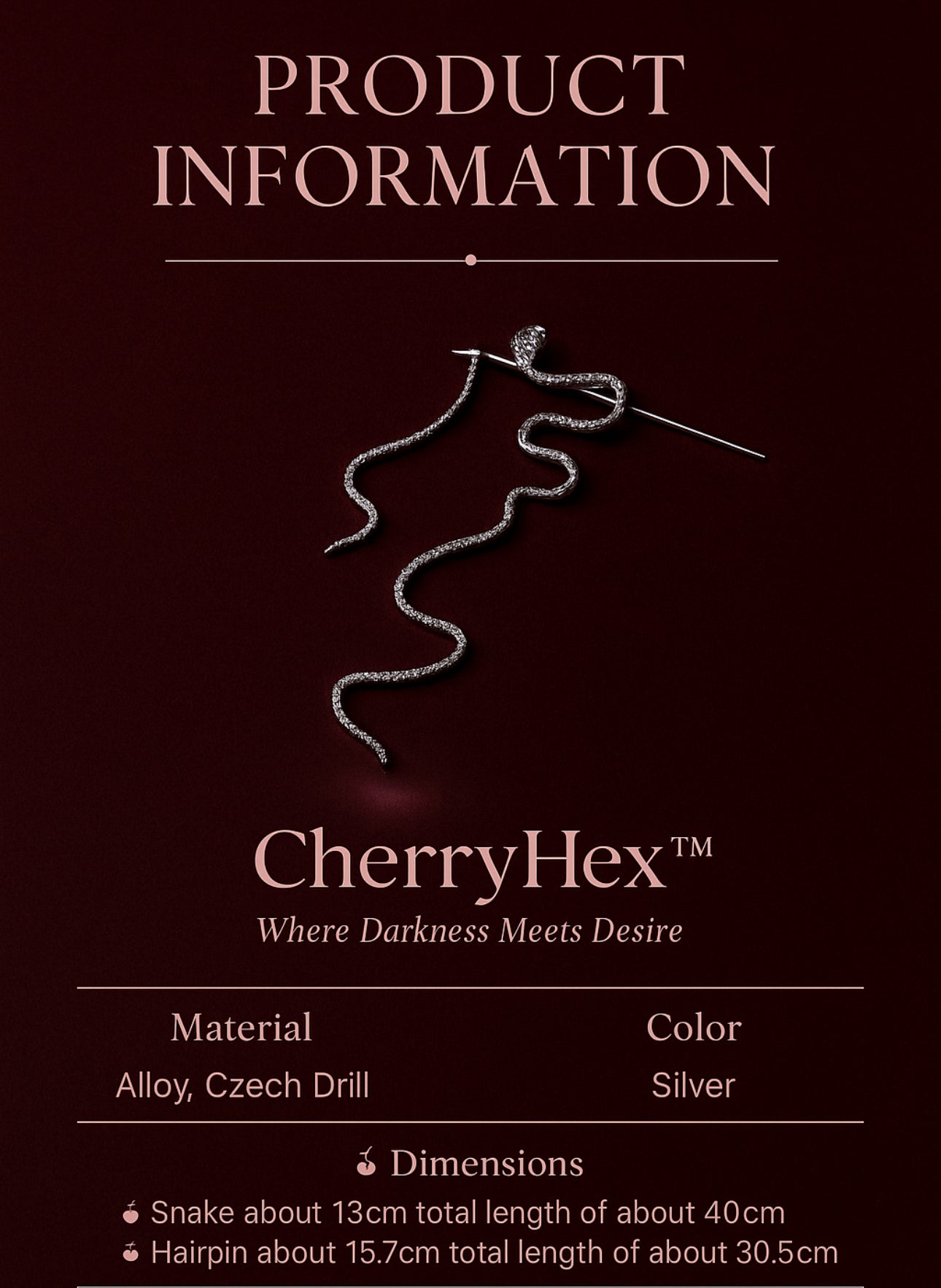 Product information card for CherryHex jewelry on a dark background