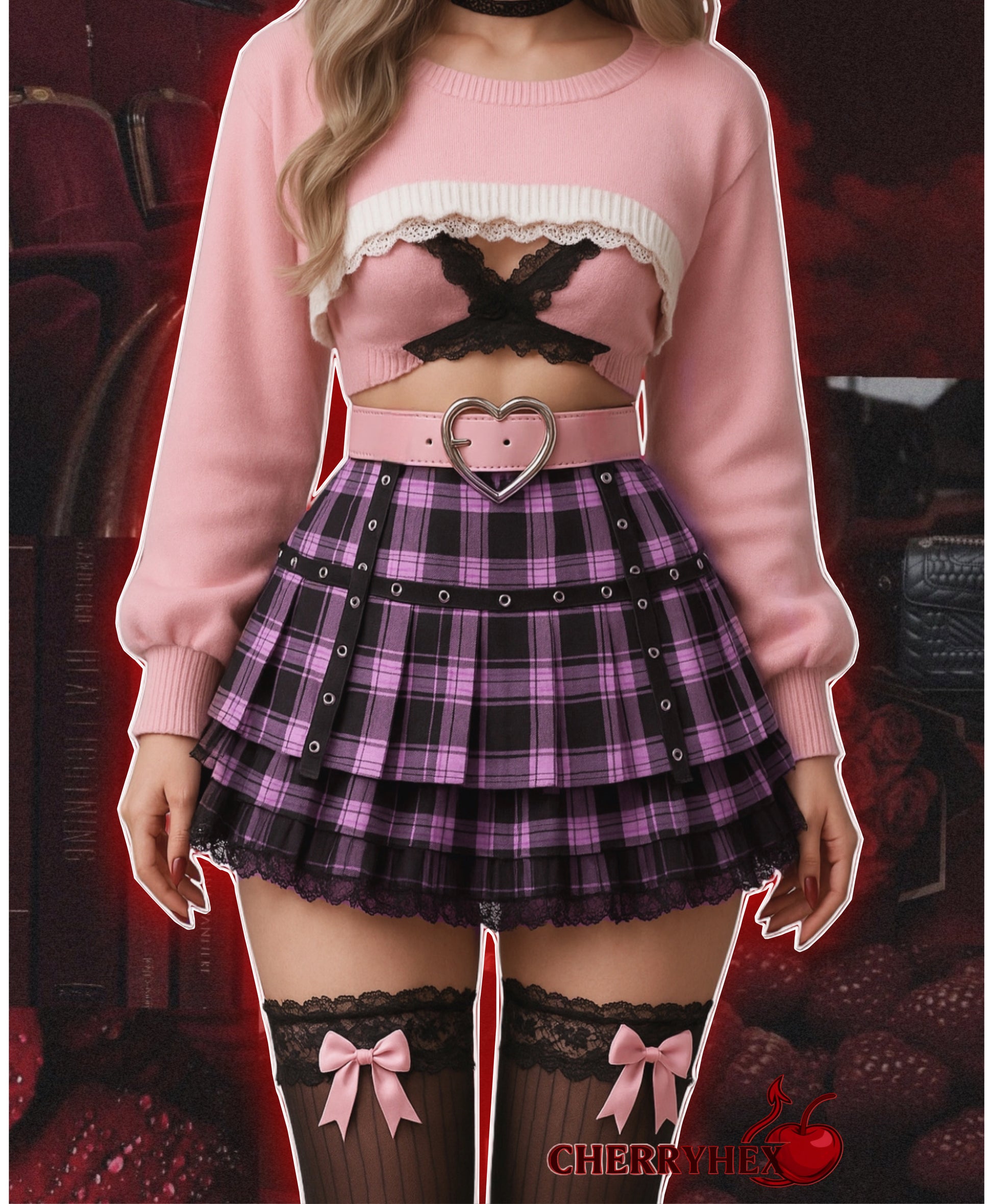 Chic Gothic Japanese Harajuku Girls Purple Pink Plaid Pleated Mini Skirt - Punk Sweet Lace Kawaii Lolita Style for Cosplay and Everyday Wear