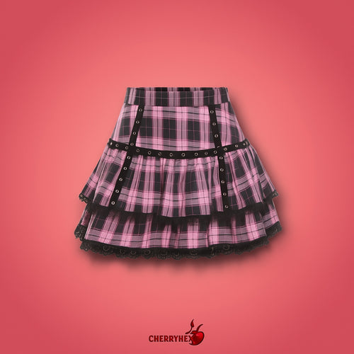 Chic Gothic Japanese Harajuku Girls Purple Pink Plaid Pleated Mini Skirt - Punk Sweet Lace Kawaii Lolita Style for Cosplay and Everyday Wear